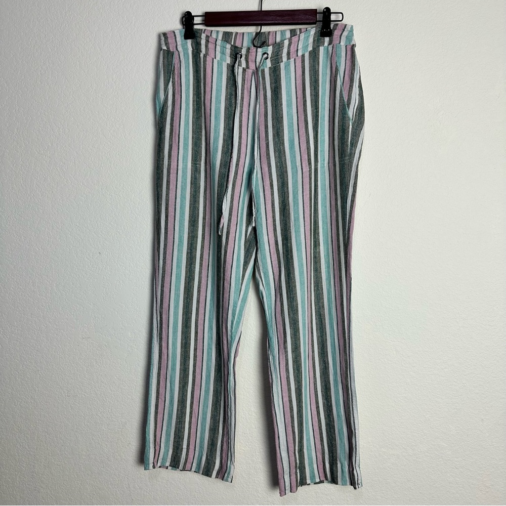 For Cynthia Size Large Linen Blend Pant Drawstring Waistband Wide Leg Multicolor